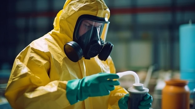 Foto all'interno di un'azienda di produzione chimica, un lavoratore chimico professionista che indossa una tuta protettiva e una maschera antigas maneggia materiali pericolosi ia generativa