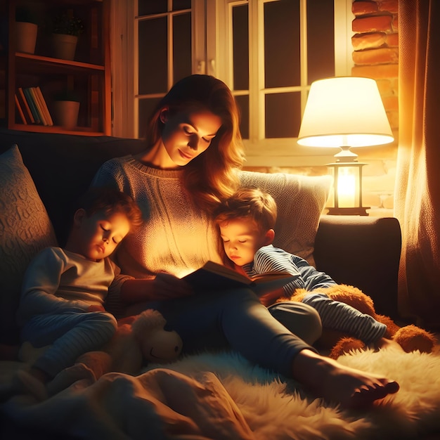 Foto all'interno degli accoglienti confini di un soggiorno una madre legge storie per la notte ai suoi figli sotto il