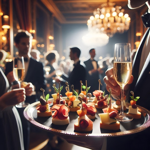 Photo within the elegant setting of a cocktail party trays of canaps featuring delicatessen meats and ch