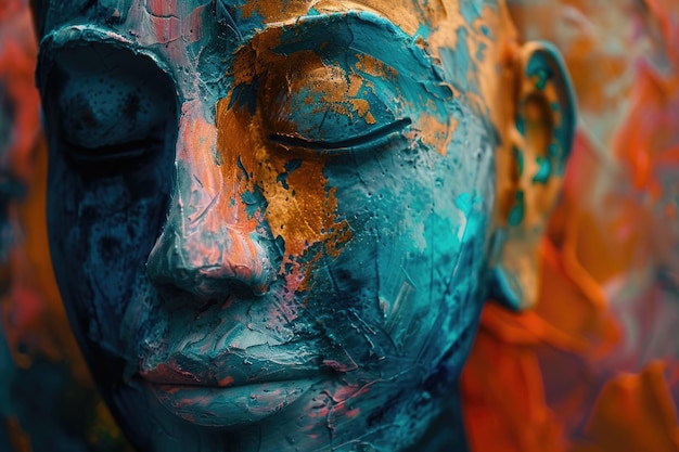 Within the frame a mesmerizing statue of a persons face is captured