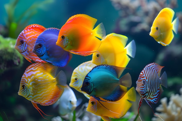 순수한 은 물 속에서, 탁월한 해양 동물 그룹이 매혹적인 장면을 만니다.