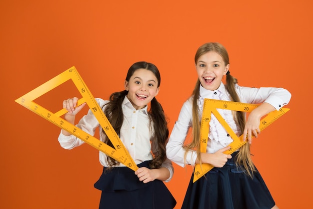 Without geometry life is pointless. Small girls are back to school. Cute schoolgirls holding triangles for lesson. School children with measuring instruments. Little girls ready for geometry lesson.