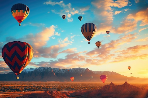 Photo witness a breathtaking sight as a vibrant assembly of hot air balloons gracefully soar through the heavens colorful hot air balloons filling the skies over albuquerque new mexico ai generated