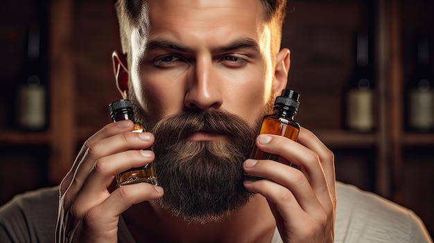 Witness the care and precision of a man as he applies beard oil Meticulous grooming expert finesse velvety beard beard magic Crafted with expertise Generated by AI