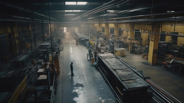 Witness the dynamic energy of a bustling factory floor as powerful machinery conveyor belts and assembly lines work in harmony Generated by AI