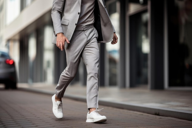 Witness the fusion of style and comfort in this closeup featuring a man's sneakers and joggers combined with a tailored blazer showcasing the adaptability of athleisure from fitness to fashion