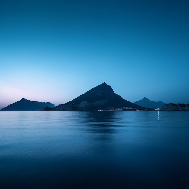 Witness nature's tranquil embrace as the sea meets the mountains at dusk