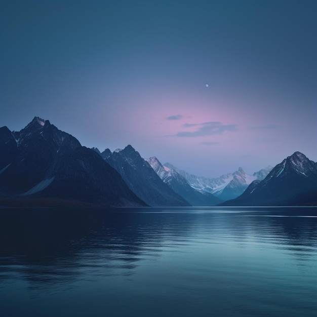 Witness nature's tranquil embrace as the sea meets the mountains at dusk