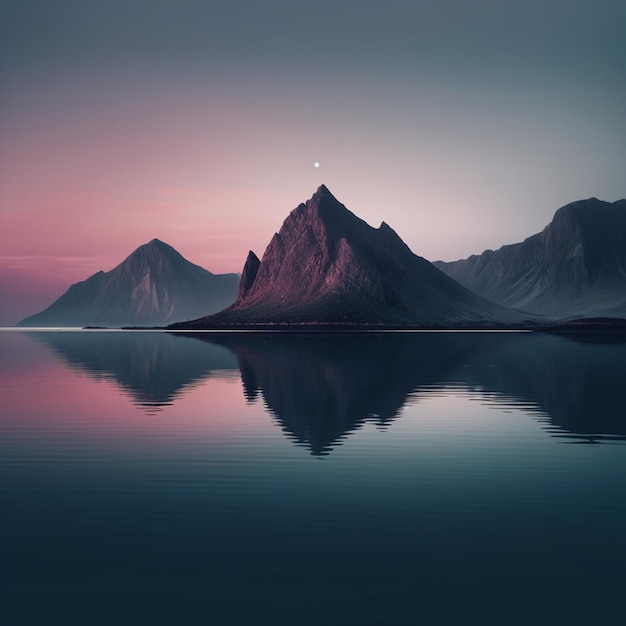 Witness nature's tranquil embrace as the sea meets the mountains at dusk