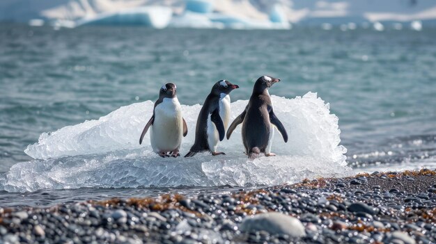 ペンギンが巨大な氷の塊の上で 遊びをしているのを見てください ビーチを変えてしまう