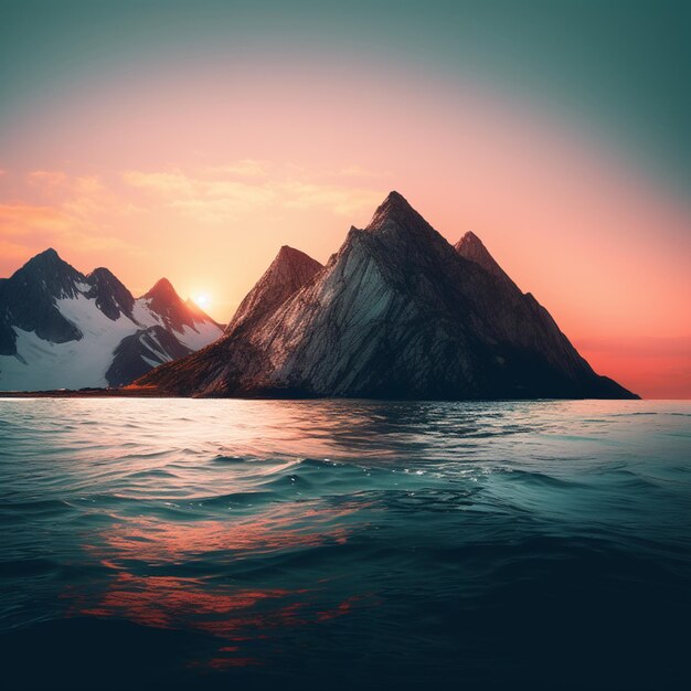 Witness the serene convergence of sea mountain and sunset