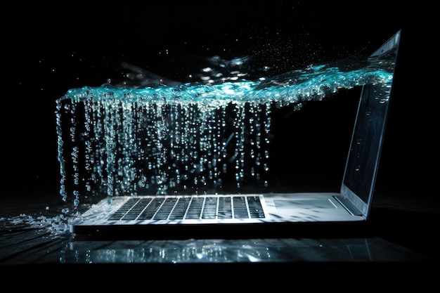 Photo witness the shocking disaster as water pours out of a laptop computer causing irreparable damage binary code stream flowing from a broken laptop screen ai generated