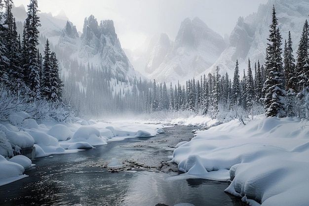 Witness the silent drama of frozen rivers in alpin generative ai