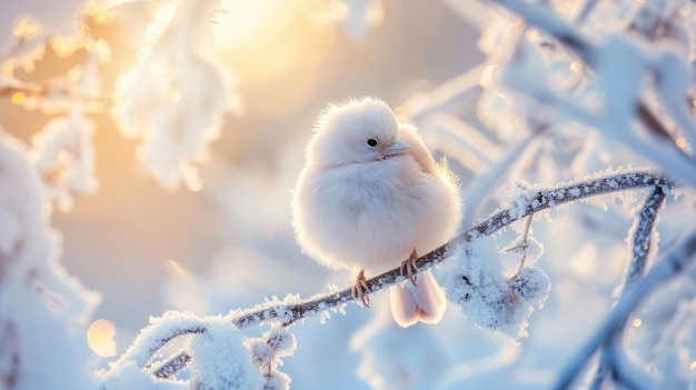 写真 クリスマス・パークの雪に覆われた枝の上で,乾燥した凍りの中に,ふわふわした白い鳥の美しさを目撃してください