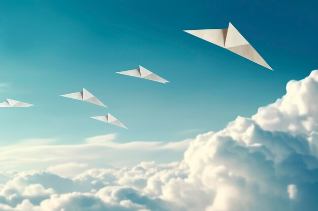 Witness the whimsical flight of little paper planes amidst the vast expanse of clouds AI Generated