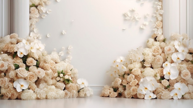 Witte 3D-scene achtergrond productdisplay achter bloemen boeket het podium luxe realistisch