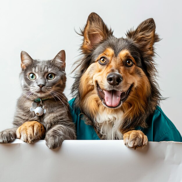 Foto witte achtergrond gelukkige hond in medisch scrub en kat die een helder whiteboard vasthoudt