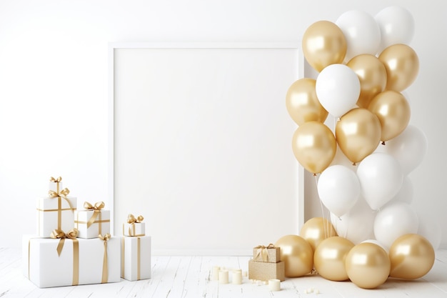 witte achtergrond met ballonnen en geschenken