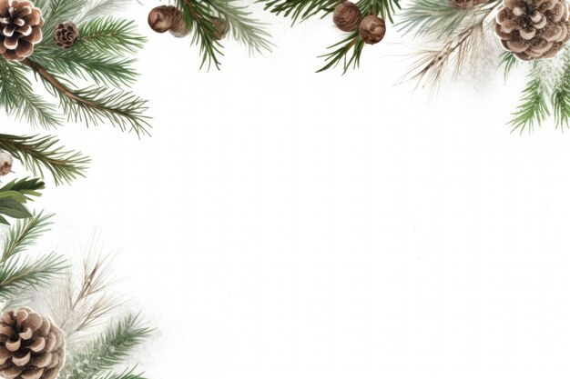 Witte achtergrond met takken van kerstbomen en kegels rond de randen met ruimte voor tekst