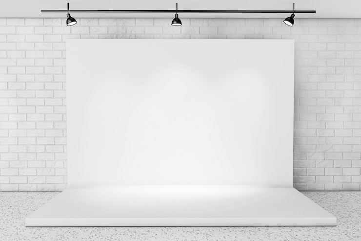 Foto witte achtergrond podium in kamer met bakstenen muur extreme close-up