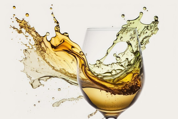 Witte achtergrond witte wijn plons in glas volledige scherptediepte uitknippad