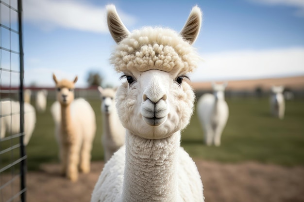 Witte alpaca die naar de camera lacht in een alpacaboerderij AI Generation