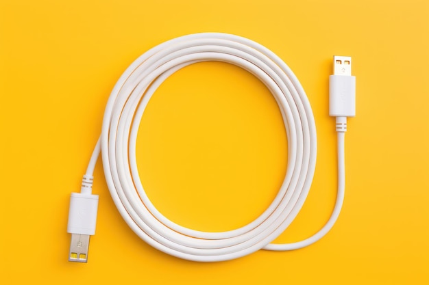 Witte Apple Lightning-naar-USB-C-kabel opgerold op gele achtergrond