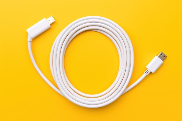 Witte Apple Lightning-naar-USB-C-kabel opgerold op gele achtergrond