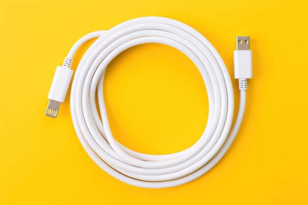 Witte Apple Lightning-naar-USB-C-kabel opgerold op gele achtergrond