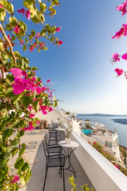 Witte architectuur en bloemen op het eiland Santorini, Griekenland Mooi zomers zonnig reislandschap