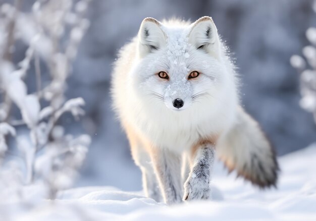 Witte arctische vos die in de sneeuw loopt, gegenereerd door AI.