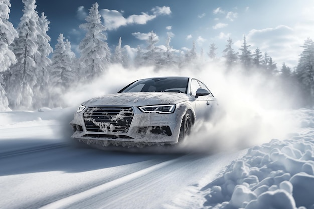 Witte auto op een besneeuwde weg winterlandschap winterreis in helder weer