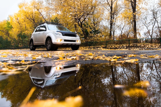 Witte auto op herfstweg in regenachtige dag