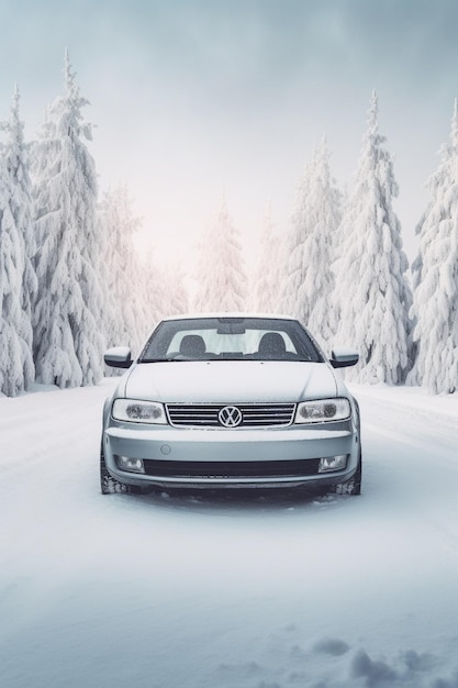 Witte auto op parkeerplaats in het winterbos Raam en spiegel allemaal bedekt met sneeuw Clo Generatieve AI