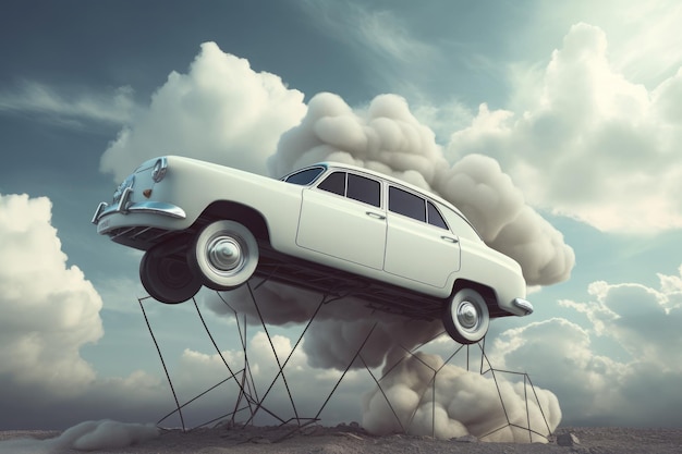 Foto witte auto surrealistische lifting in de wolken verhoogde auto transport met surrealistische futuristische apparatuur genereren ai