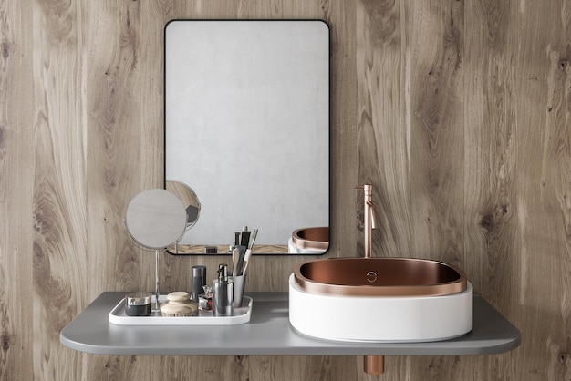 Foto witte badkamerwastafel met daarboven een rechthoekige spiegel in een houten wandbadkamer. een make-up plank en spiegel. 3d-weergave