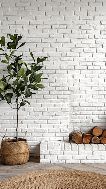 witte bakstenen muur met plant