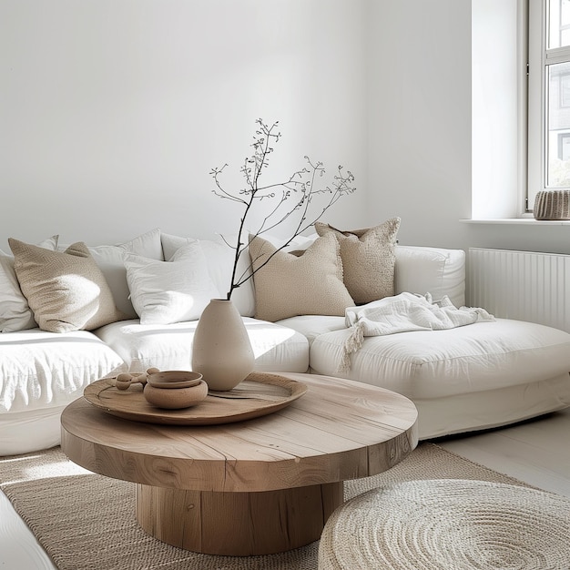 Witte bank met stijlvolle Scandinavische ronde houten koffietafel