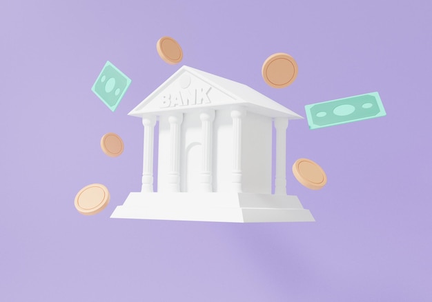 Foto witte bankgebouw munten en bankbiljetten drijvend op paarse achtergrond zakelijke investeringen financiën concept geld transactie veiligheid cartoon minimaal schattig glad 3d render illustratie