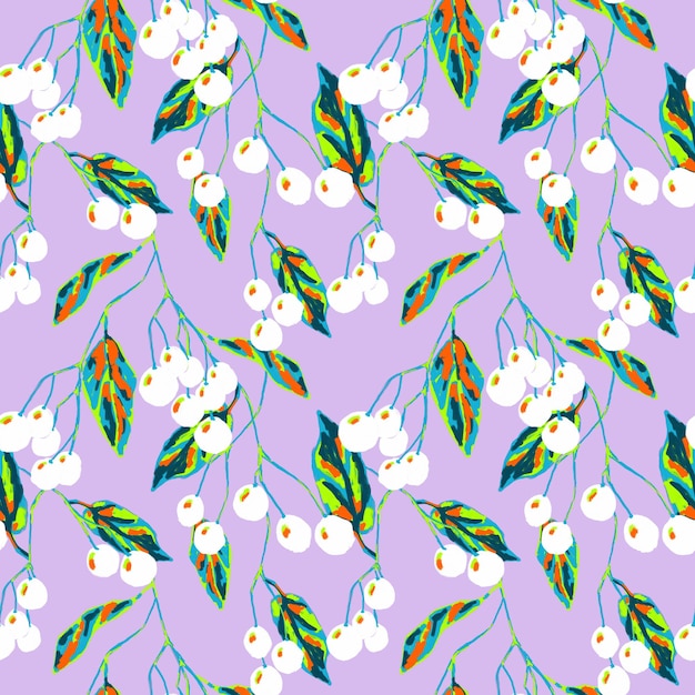 Witte bes gewone vogelkers bes naadloos patroon op violet Kleurrijke bladeren bessen herhaal print