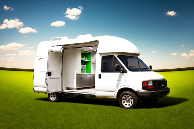 Witte bestelwagen met open dak tegen groen gazon