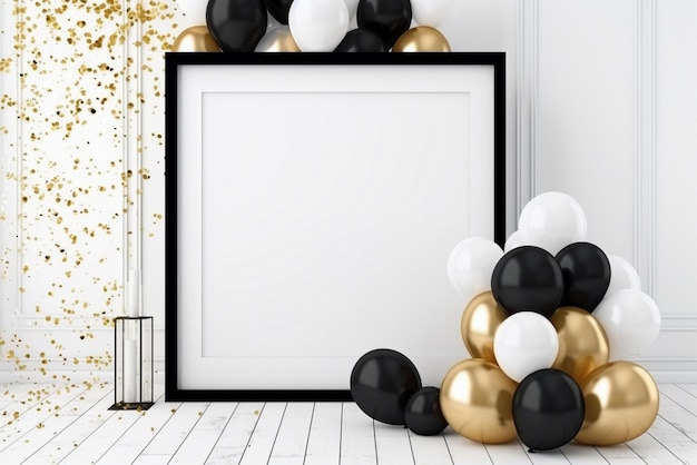 Foto witte blanco frame met zwarte en gouden ballonnen decoratie in de binnenkamer