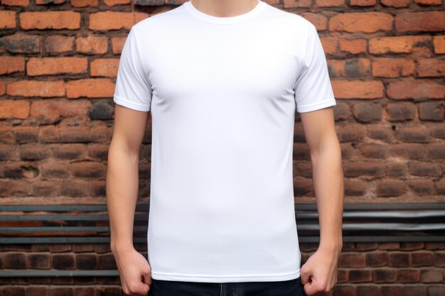 Witte blanco T-shirt mock-up Mannen op bakstenen muur achtergrond