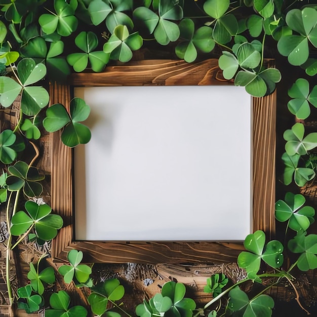 Witte blanke kaart frame met ruimte voor uw eigen inhoud Groene klaver verspreid rond Groene vierbladige klaver symbool van St Patrick's Day