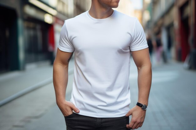 Witte blanke T-shirt mock up Mannen straat achtergrond