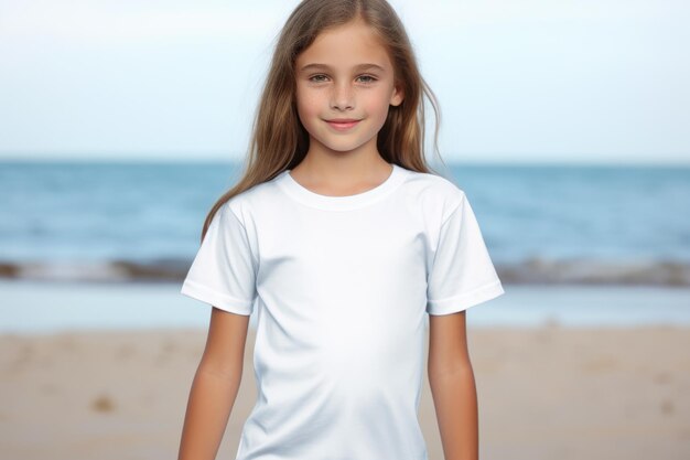 Witte blanke T-shirt mock-up meisje op het strand