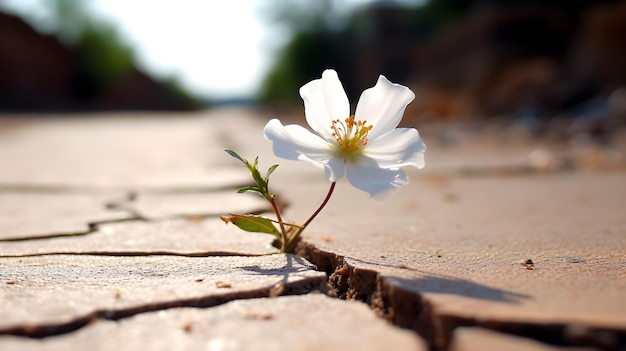 witte bloem groeit uit gebarsten land