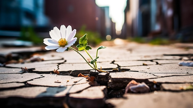 witte bloem groeit uit gebarsten weg in de stad