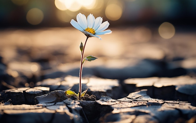 Foto witte bloem op droge grond