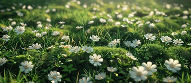 Witte bloemen en groen grasveld